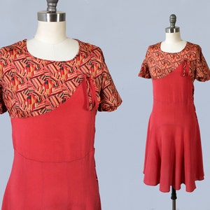 1930s Dress / Late 30s Day Dress / Red Art Deco Print / Flutter Sleeves image 1