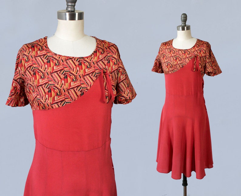 1930s Dress / Late 30s Day Dress / Red Art Deco Print / Flutter Sleeves image 1