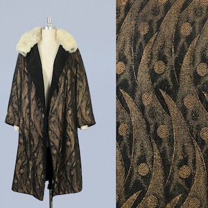 1920s Coat / 20s Gold Lamé and Fur Flapper Coat / Art Deco Flame and Orb Motifs