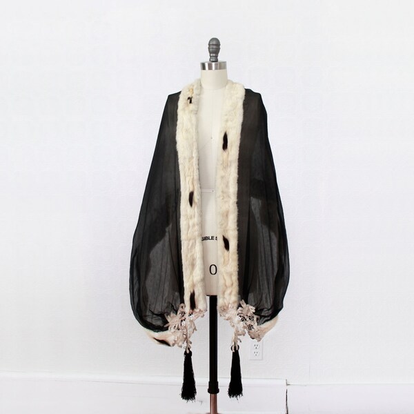 RESERVED 1920s Cape / 20s Flapper Coat / Ermine and Chiffon Opera Cloak MUSEUM