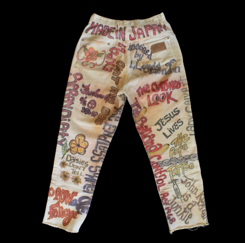 RARE 1960s Pants / 60s 70s Folk Art Hippie Pants / OOAK Hand Drawn Wrangler Cream Sanforized Misses Jeans image 2