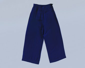 1940s Pants / 40s Blue Cold Rayon Lounge Pants / Side Button