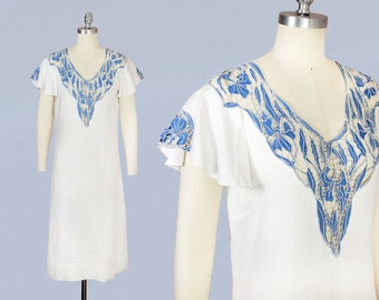 1920s Dress / 20s White Cotton Summer Dress / Iris Flowers / Cutwork / Openwork Yoke / Flutter Sleeves
