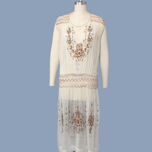 1920s Dress / 20s Embroidered Hungarian Peasant Dress / Sheer Cotton / Smocked Waist