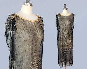 Rare! 1920s Dress / ASSUIT 20s Flapper Dress / Black Net and Hammered Metal / Egyptian Revival / Geometric / Shimmering