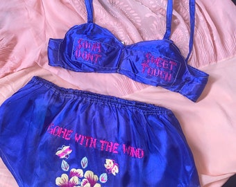 RARE 1940s WWII Lingerie Set / 40s Novelty Satin Bra Panties / Embroidered Risque Souvenir Lingerie / Sweet Sour Dont Touch