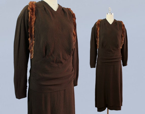 1930s Dress / 30s Chocolate Textured Crepe Fur Tr… - image 1