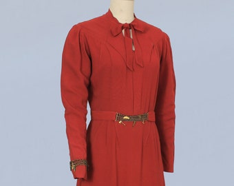 RARE 1930s Dress / 30s METAL CHARMS Art Deco Red Crepe Dress