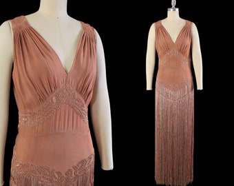 Rare 1920s Dress / Late 20s - 1930s Fringe Gown / Embroidered Evening Dress