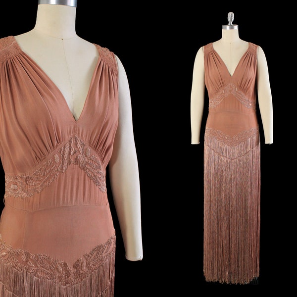 Rare 1920s Dress / Late 20s - 1930s Fringe Gown / Embroidered Evening Dress