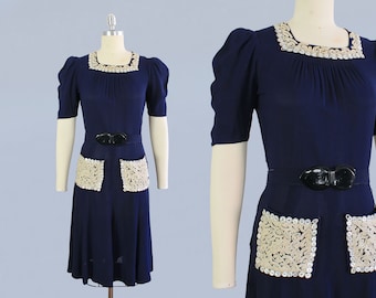 1940s Dress / 40s Navy Rayon Crepe Day Dress / Crewelwork Embroidery and MOP Button Details / POCKETS