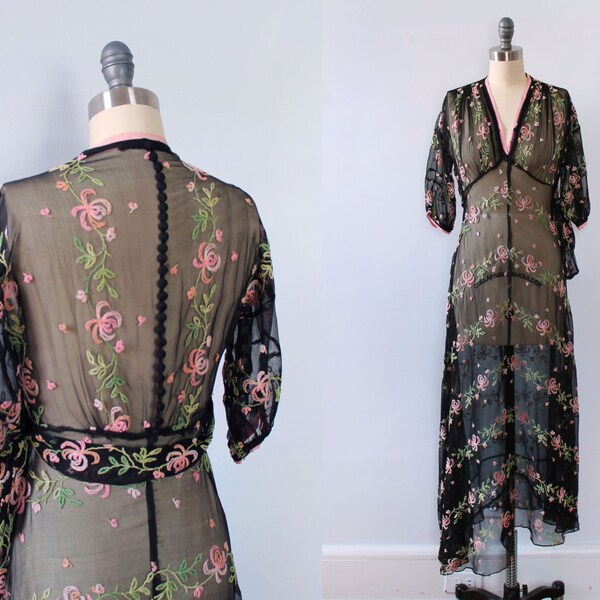 1930s Dress / 30s SHEER Dress with Crewel Embroidery Flowers