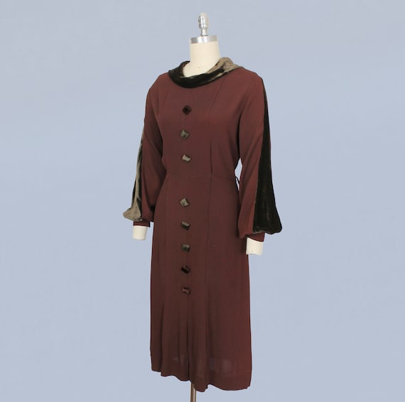 1930s Dress / 30s Chocolate Crepe and Velvet Dres… - image 2