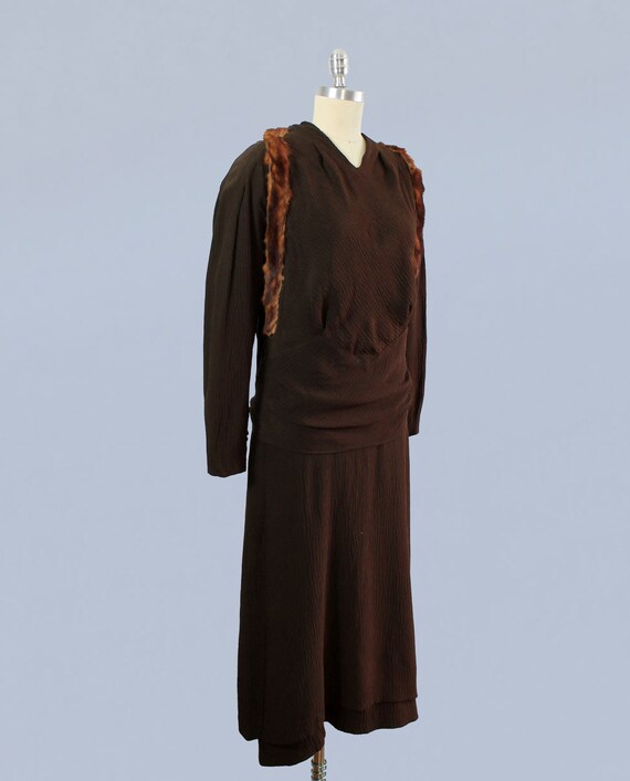 1930s Dress / 30s Chocolate Textured Crepe Fur Tr… - image 2