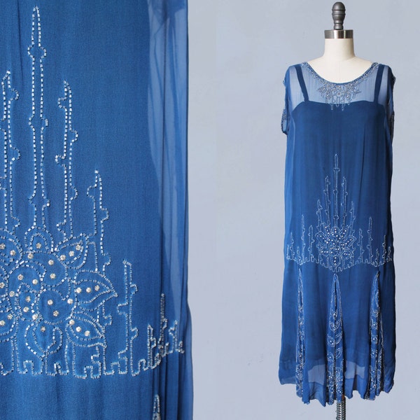RÉSERVÉ des années 1920 robe / bleu lumineux en pure soie mousseline de soie PERLÉE robe Flapper / strass