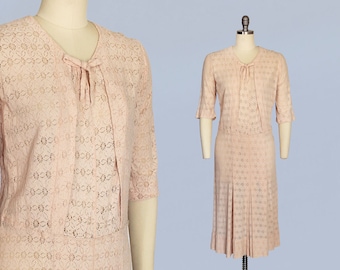 1930s Dress / 30s Spiderweb Lace Dress / Bow Neck / Peach Lace