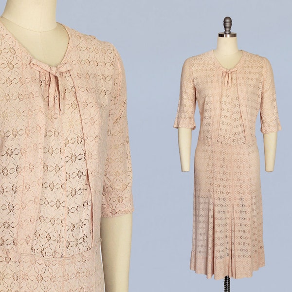 1930s Dress / 30s Spiderweb Lace Dress / Bow Neck / Peach Lace