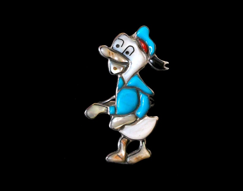 Rare Donald Duck Zuni Ring / Native American Southwest Zunitoon Inlaid