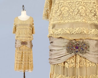 1920s Dress / 20s Lace and Satin Gown with Art Nouveau Buckle