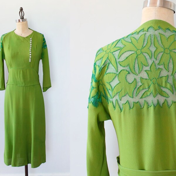 RESERVED 1930s Dress / 30s Lime Green CUT OUTS and Mesh Dress