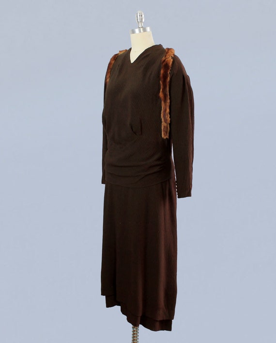 1930s Dress / 30s Chocolate Textured Crepe Fur Tr… - image 6