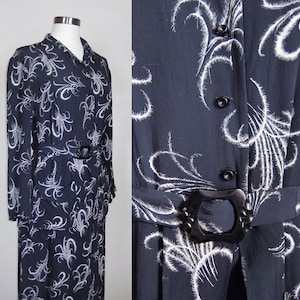 1930s Dress FEATHER PRINT Rayon Crepe Dress Peplum / 30s Deco Day Dress