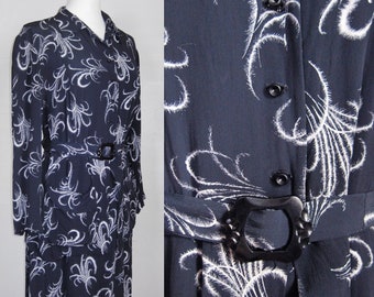 1930s Dress FEATHER PRINT Rayon Crepe Dress Peplum / 30s Deco Day Dress