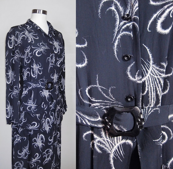 1930s Dress FEATHER PRINT Rayon Crepe Dress Peplum