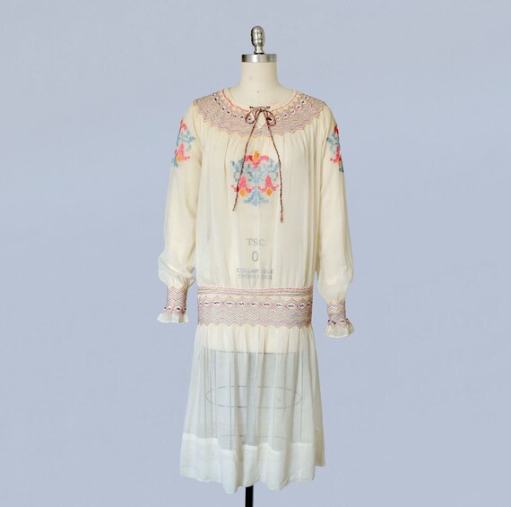 1920s Dress / 20s Embroidered Cotton Peasant Dress /Electric Easter Colors / Cross Stitch Embroidery 1920s Dress / 20s Embroidered Cotton Peasant Dress /Electric Easter Colors / Cross Stitch Embroidery