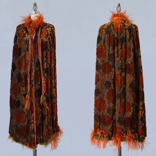 RESERVED --1920s Coat /  20s Flapper Cape / Flocked Velvet and OSTRICH Feathers