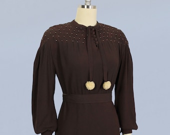 1930s Dress / 30s Smocked Crepe Peasant Dress / Bishop Sleeves / Pom Poms