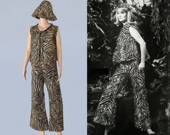 RARE 1960s 3pc Paper Outfit / Late 60s Bell Bottoms, Tent Blouse, and Bucket Hat Set / Zebra Print / James Sterling