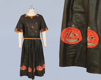 RARE Antique Halloween Dress / 1920s Two Piece Cotton Blouse and Skirt Set / Novelty Crepe Paper Appliques / JackOLanterns, Stars, Moons