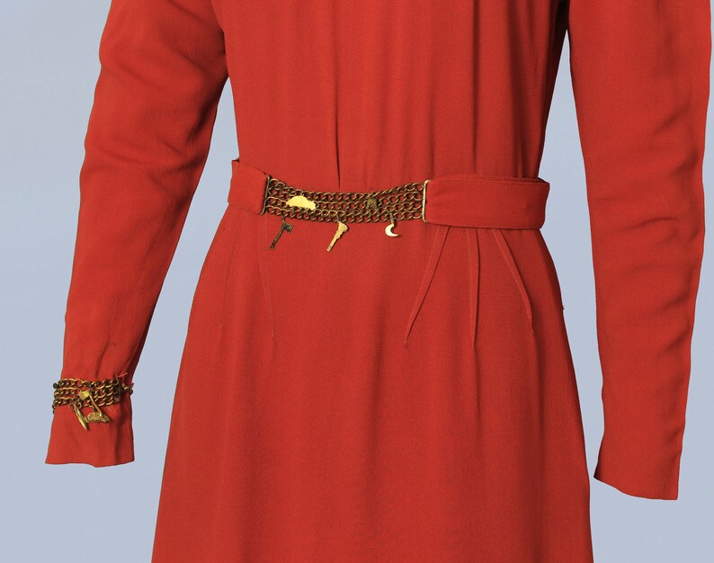 RARE 1930s Dress / 30s METAL CHARMS Art Deco Red Crepe Dress image 6