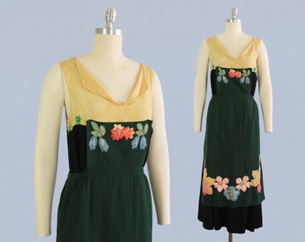 1930s Dress / 30s Depression Homemade Mixed Fabric Apron Dress / Silk Applique Flowers