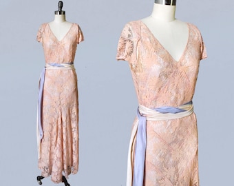 1930s Dress / 30s Peachy Pink Lace Gown / Wedding / Bridesmaid