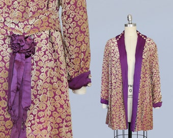 RESERVED --1920s Jacket / 20s Devore Velvet Purple and Yellow Robe Coat / Matching Belt or Headpiece