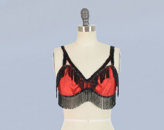 1930s Red Satin Showgirl Bra / Burlesque 30s Bead… - image 5