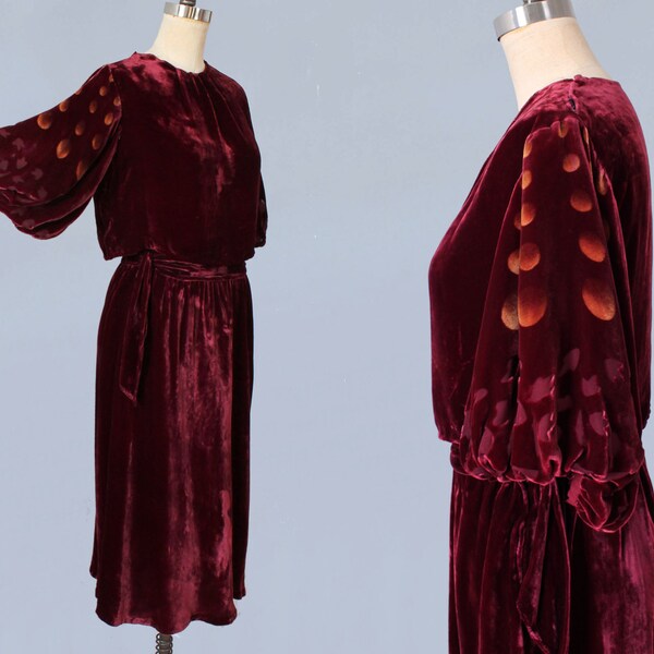 RESERVED -- Rare 1930s Dress / 30s TWO PIECE Blouse and Skirt Set! / Burgundy Silk Velvet / Burnout Sleeves / Painted Moons!