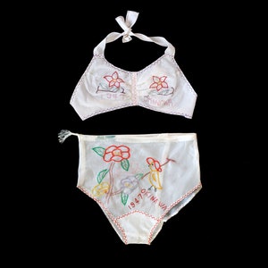 Rare 1940s WWII Lingerie Set / 40s Novelty Bra Panties / PARACHUTE SILK / Embroidered 1947 Okinawa image 1