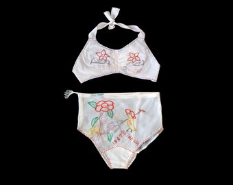 Rare! 1940s WWII Lingerie Set / 40s Novelty Bra Panties / PARACHUTE SILK / Embroidered 1947 Okinawa