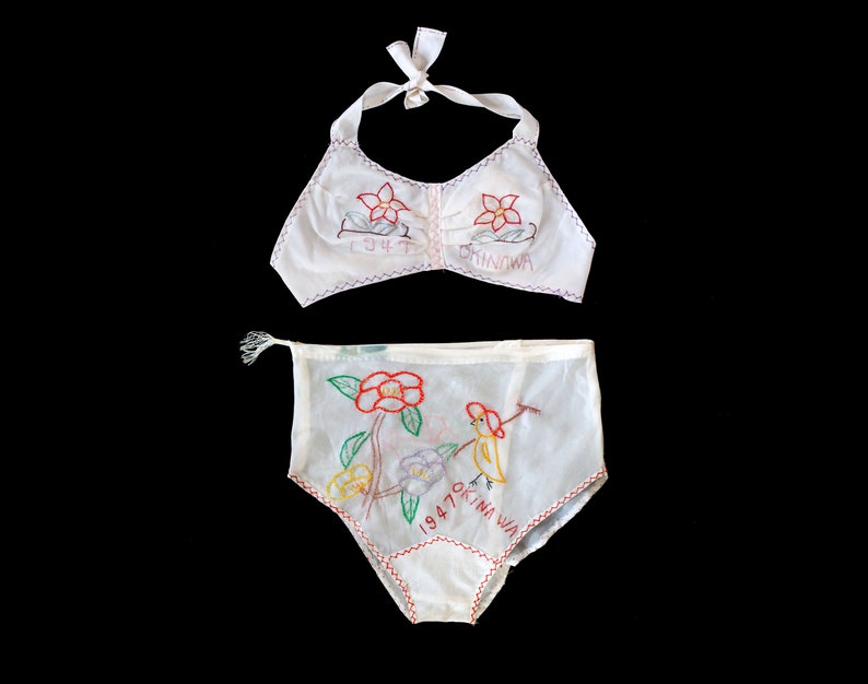Rare 1940s WWII Lingerie Set / 40s Novelty Bra Panties / PARACHUTE SILK / Embroidered 1947 Okinawa image 1