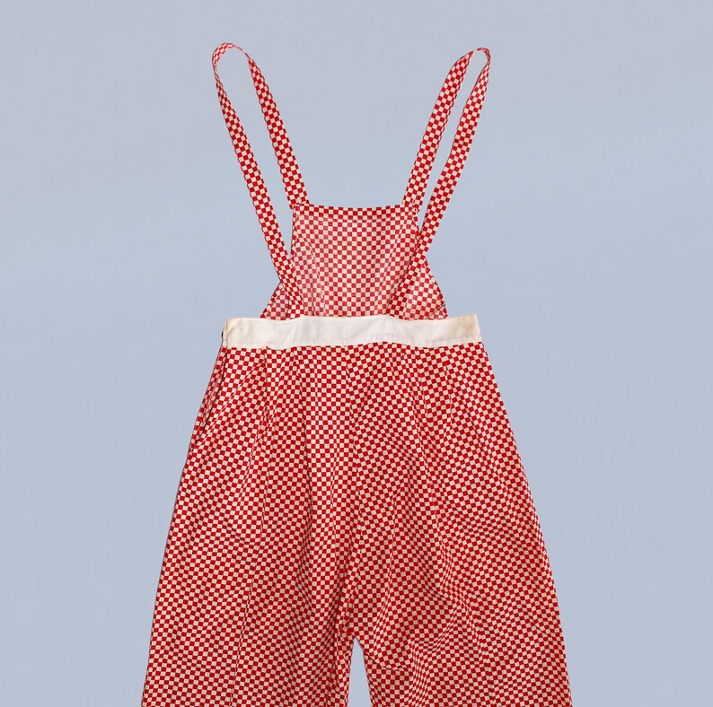 1930s Beach Pajamas / 30s Cotton Overalls / Bib Jumpsuit / Red and White Checkerboard image 4