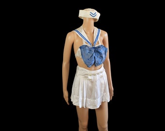 1930s Stage Outfit / 20s 30s Nautical Satin Middy Bra Top and Mini Pleated Skirt Showgirl Set