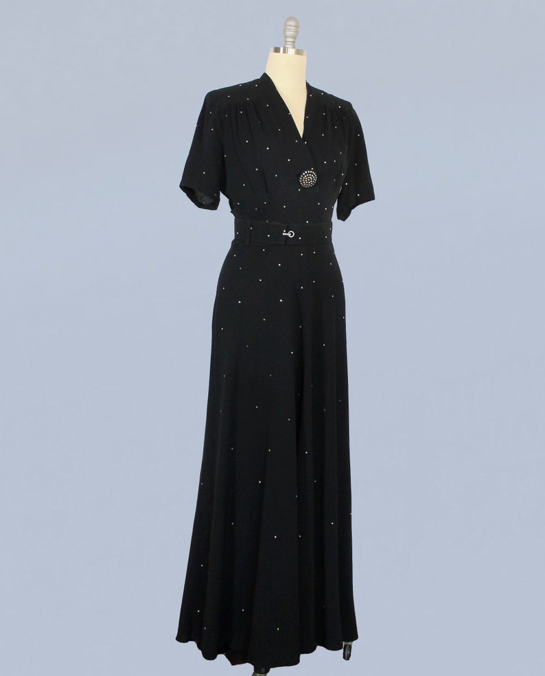 1940s Dress / 40s Black Rayon Crepe Rhinestone Evening Gown / Starry Night image 4