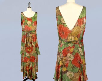 1930er Jahre Kleid / 30er Jahre Metallic LAMÉ Kleid / Bonbonfarben / Leuchtendes, lebhaftes Blumenmuster