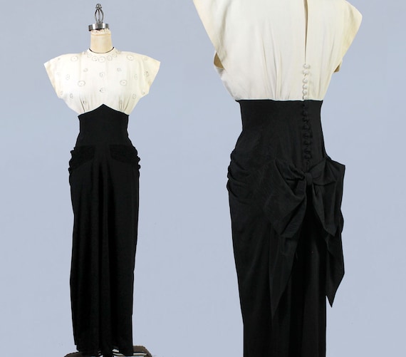 1940s Gown / 40s Color Block Black and White Drape