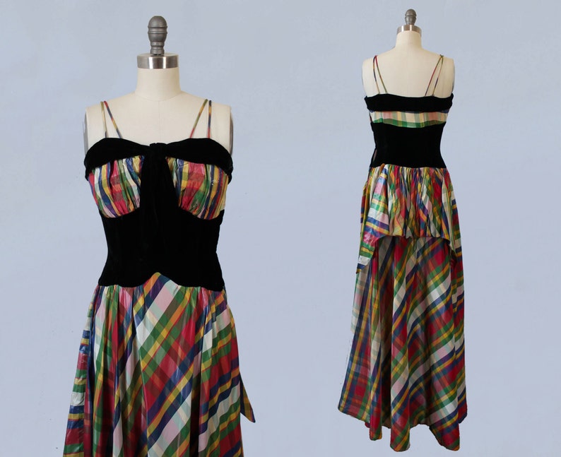 1940s Dress / 40s PLAID Taffeta Maxi Dress / Silk Velvet Accents / Party Dress 