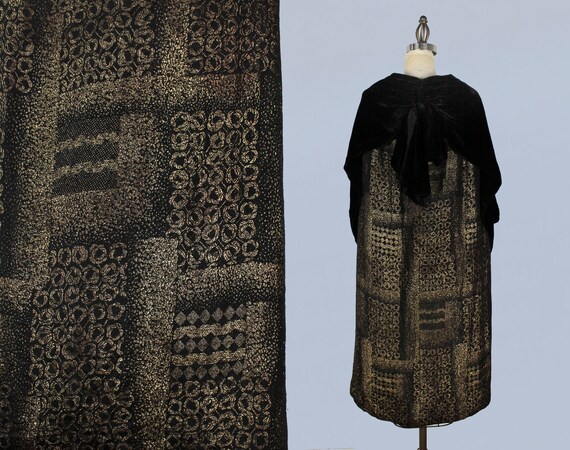 1920s Coat / 20s Gold Lame Cape / Silk Velvet / Bl