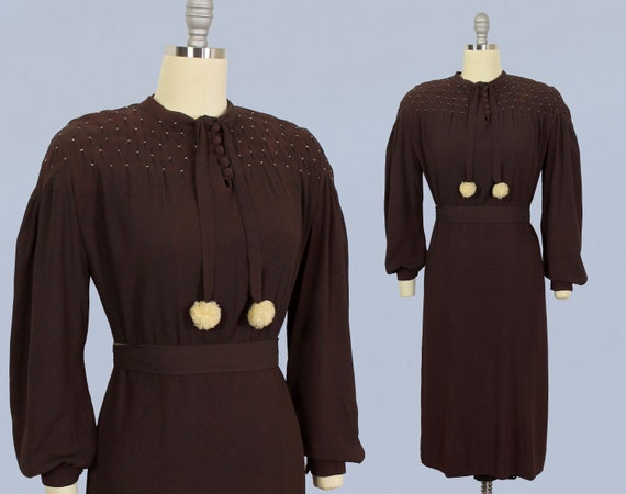 1930s Dress / 30s Smocked Crepe Peasant Dress / B… - image 1